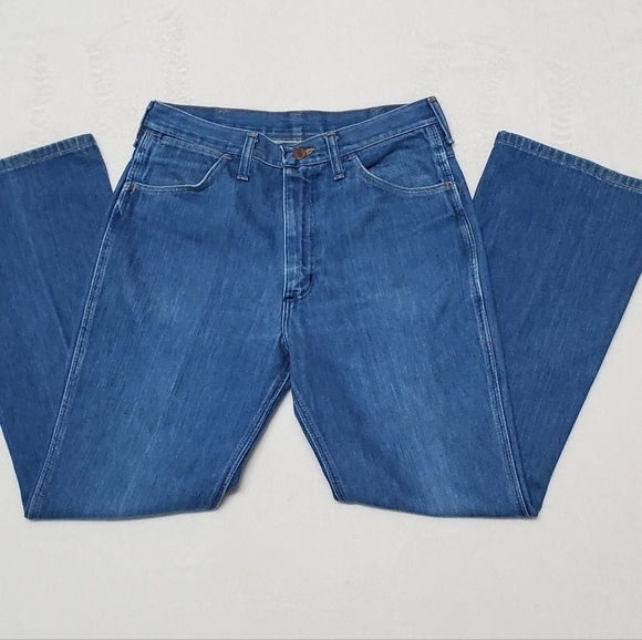 VINTAGE 1970s Wrangler Unisex Usa Made Denim Extra High Rise Bell Bottom Jeans - Picture 3 of 12